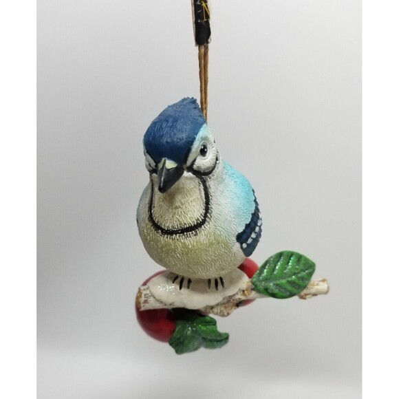 Winter Blue Jay Christmas Ornament Bird On Snowy Apple Branch 4" Wide - Picture 2 of 7
